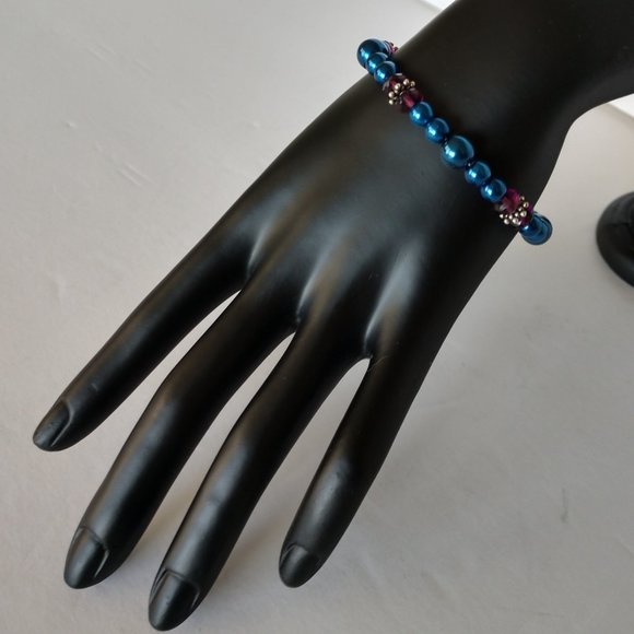 Hand Crafted Jewelry - Blue Faux Pearls Bracelet with Purple Beads Handmade Beaded 7.5 Inches